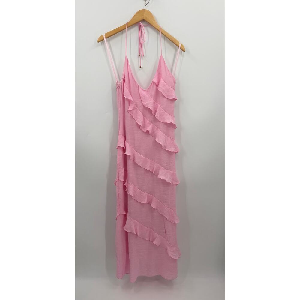 Here Comes The Sun Pink Ruffle Maxi Dress Cascading Ruffle Halter Neck Small NWT - Picture 2 of 8